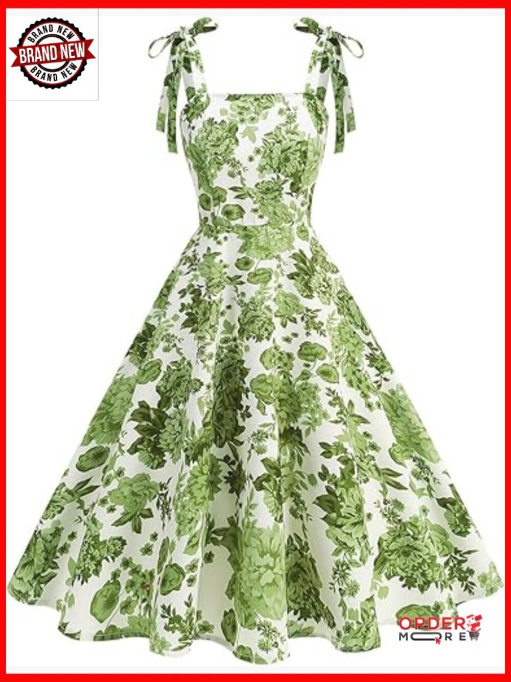Rockabilly 1950s Retro Swing Dress Tie Knot Square Neck Floral Print Midi